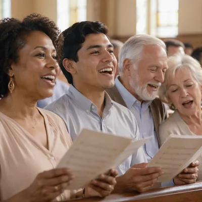 Joyful Church Congregation Singing Close Up