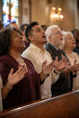 Joyful Church Congregation Singing Close Up