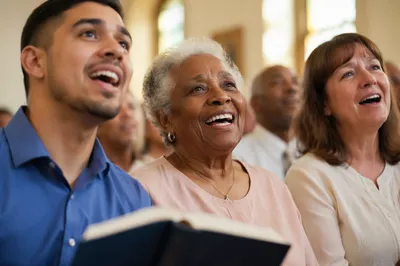 Joyful Church Congregation Singing Close Up