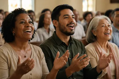 Joyful Church Congregation Singing Close Up