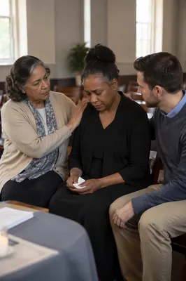 Church Members Comforting Grieving Widow Indoors