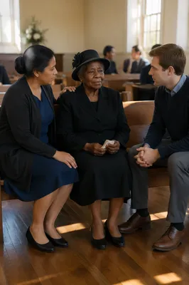 Comforting Widow in Sunlit Church Hall