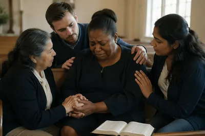 Church Members Comforting Grieving Widow Indoors