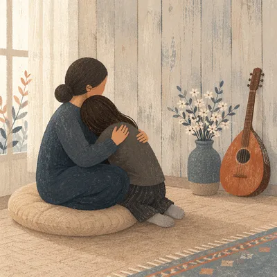 Comforting Embrace in Quiet Memorial Room