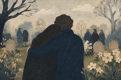 Comforting Embrace in Quiet Funeral Garden