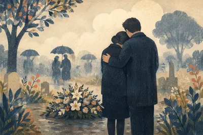 Comforting Embrace at a Quiet Funeral