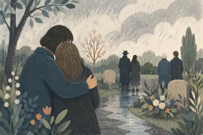 Gentle Embrace at a Rainy Funeral
