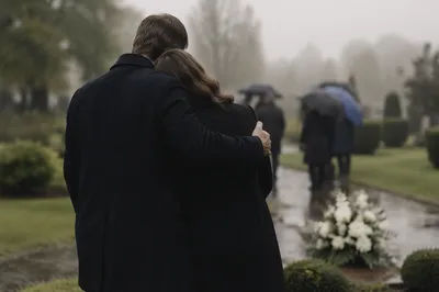 Comforting Embrace at a Quiet Funeral