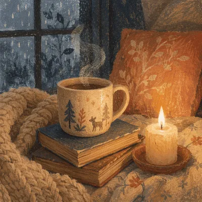 Cozy Candlelit Mug and Blanket at Dusk
