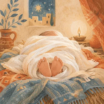 Newborn Feet Wrapped in Warm Candlelight