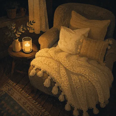 Cozy Armchair with Blanket and Candlelight