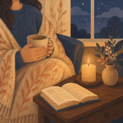 Cozy Blanket and Candlelit Evening Cup