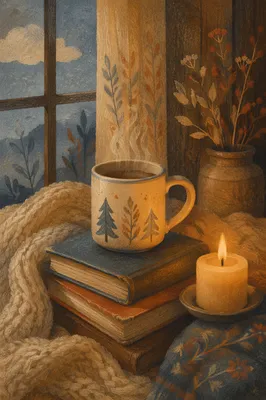 Candlelit Comfort with Blanket and Mug