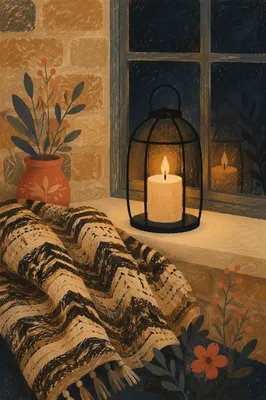 Cozy Blanket and Candlelit Window
