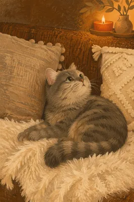Cozy Cat Resting in Candlelit Comfort