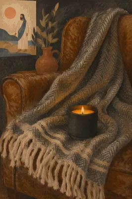 Warm Candlelight on Cozy Wool Blanket