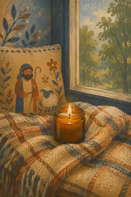 Warm Candlelight on Plaid Blanket