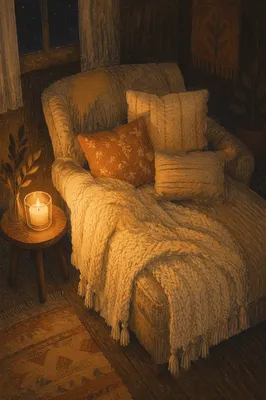 Cozy Armchair with Blanket and Candlelight