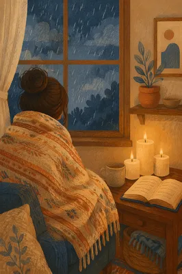 Candlelit Blanket Comfort by Rainy Window