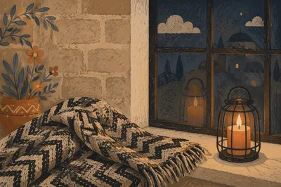 Cozy Blanket and Candlelit Window Comfort