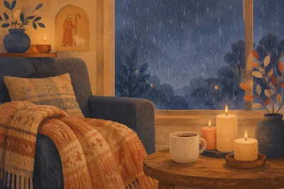 Cozy Candlelit Blanket by Rainy Window