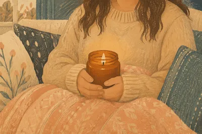 Warm Candlelight Comfort on Cozy Sofa