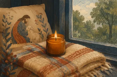 Warm Candlelight on Cozy Plaid Blanket