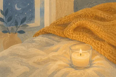 Warm Candlelight Comfort on Cozy Bedding