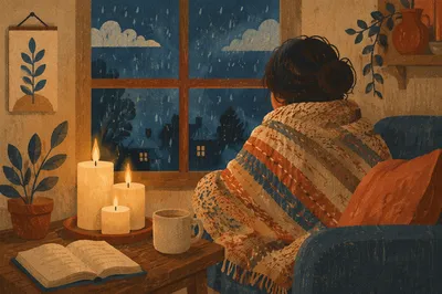Candlelit Blanket Comfort at Rainy Dusk