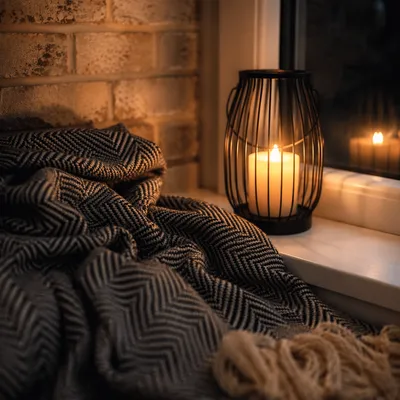 Cozy Blanket and Candlelit Window Comfort