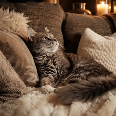 Cozy Cat Resting in Warm Candlelight