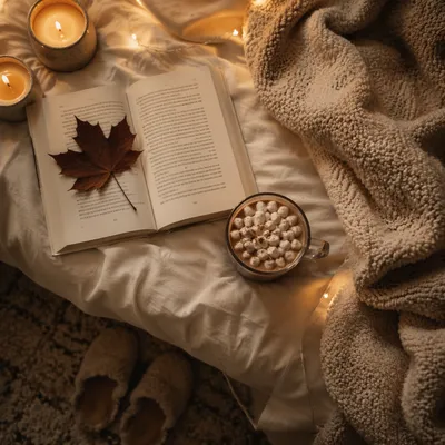 Warm Candlelit Comfort with Book and Blanket