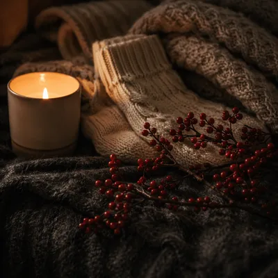 Candlelit Blanket Comfort with Winter Berries