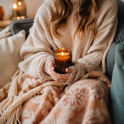 Cozy Candlelight Comfort on Winter Sofa