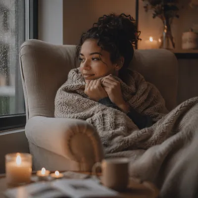 Woman Wrapped in Blanket by Window