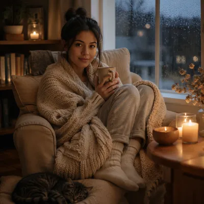 Woman Wrapped in Blanket by Window