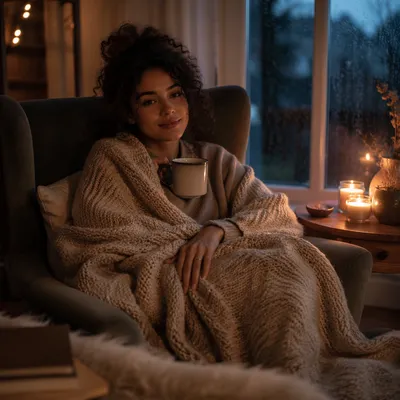 Woman in Armchair with Blanket and Candles