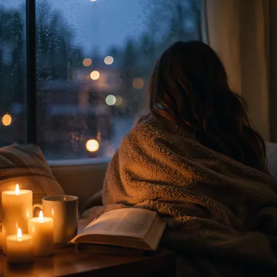 Candlelit Comfort by Rainy Window