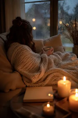 Warm Candlelit Comfort on Rainy Evening