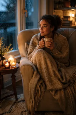 Woman in Armchair by Rainy Window