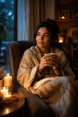 Woman with Blanket by Candlelit Window