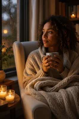 Woman Wrapped in Blanket by Candlelight