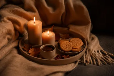Warm Candlelight Comfort with Cozy Blanket