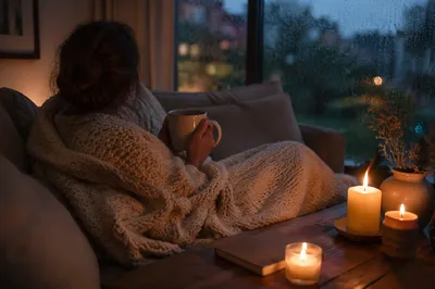 Candlelit Blanket Comfort on Rainy Evening