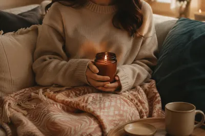 Cozy Candlelight Comfort on Winter Sofa