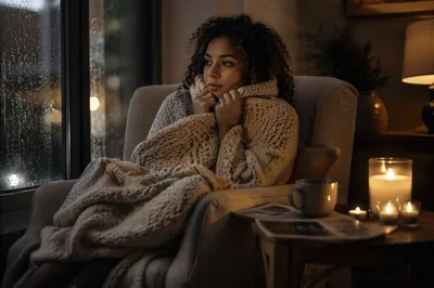 Woman Wrapped in Blanket by Window