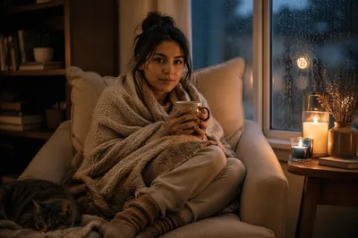 Woman by Rainy Window with Candlelight