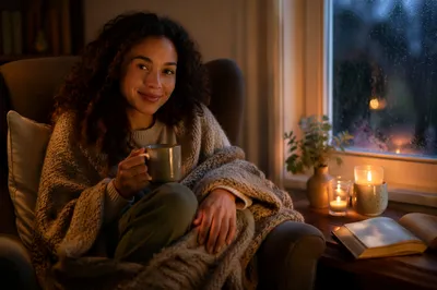 Woman Wrapped in Blanket by Candlelight