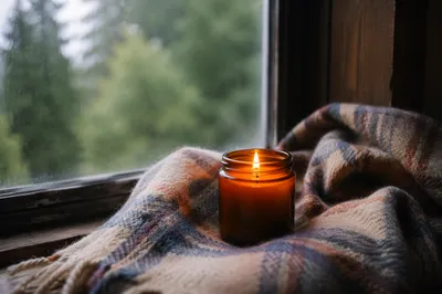 Warm Candlelight on Plaid Wool Blanket