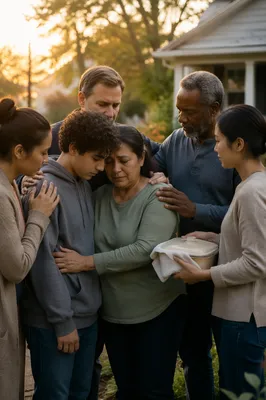 Neighbors Supporting Grieving Family at Sunset